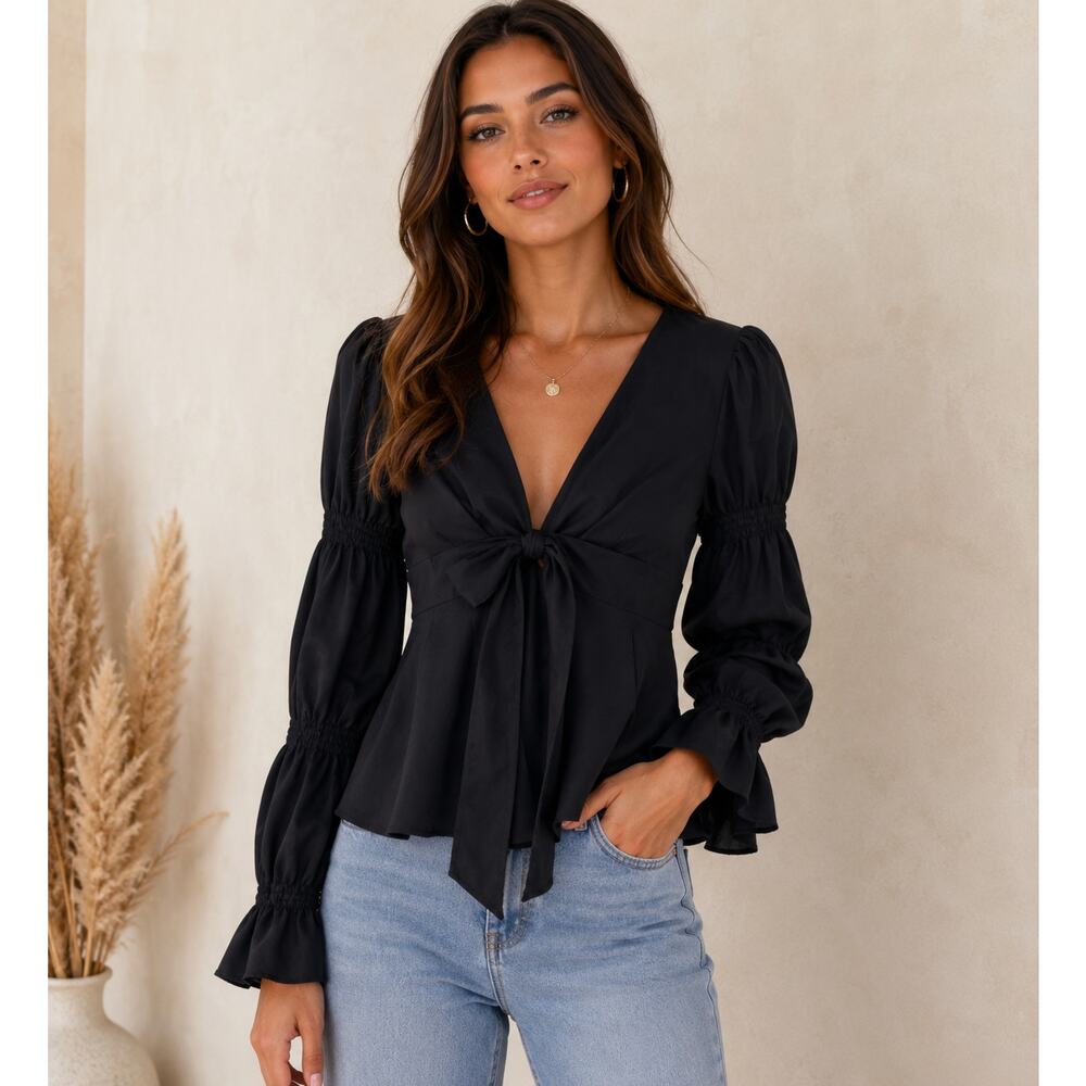 Puff Sleeve Babydoll Tie Front Top Black Womens Size M Peasant Pirate Y2K 90s